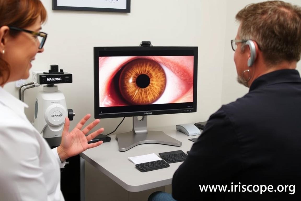 Practitioner showing client their iris analysis on screen Practitioner showing client their iris analysis on screen