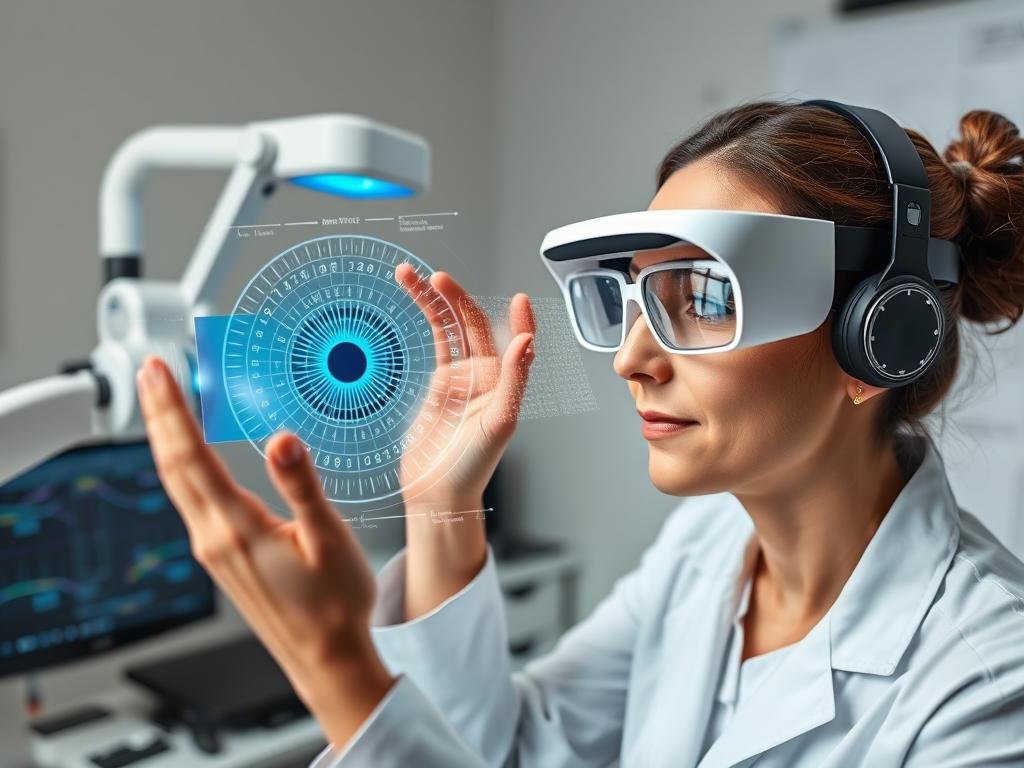 Practitioner using AR glasses to view iridology chart overlay on patient's iris