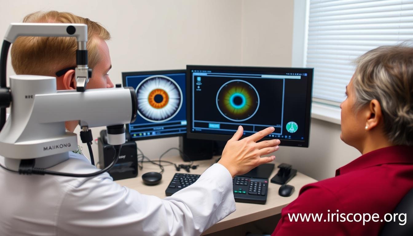 Practitioner using MAIKONG Iridology Camera in clinical setting with patient