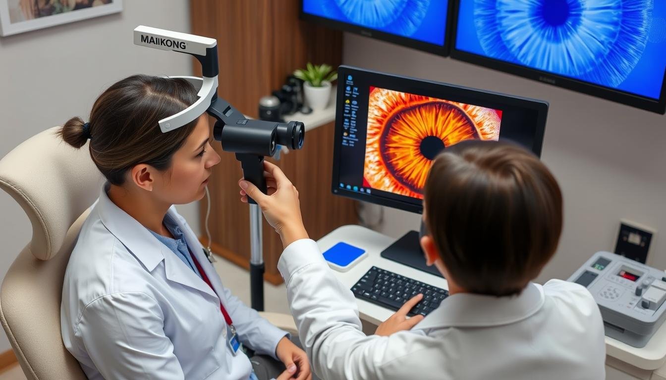 Practitioner using MAIKONG equipment to analyze iris patterns Practitioner using MAIKONG equipment to analyze iris patterns