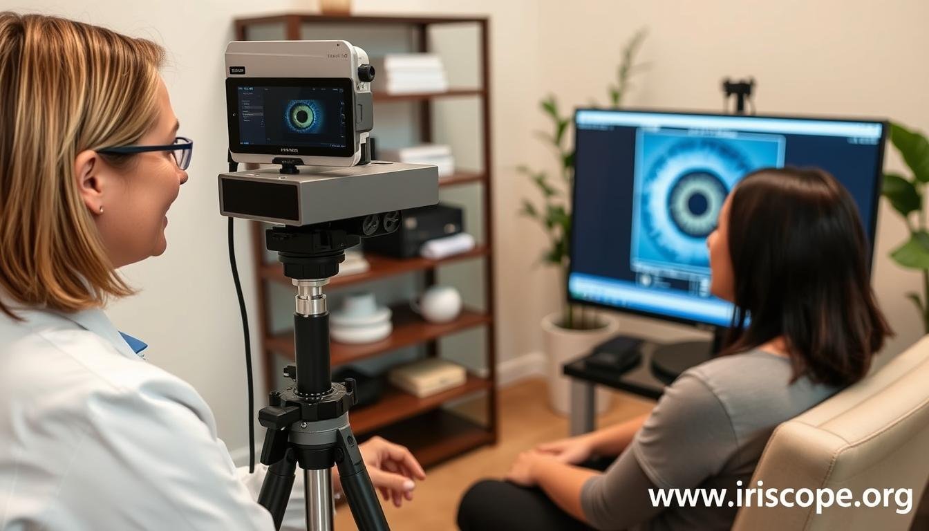 Practitioner using MAIKONG iridology camera with a client in a professional setting