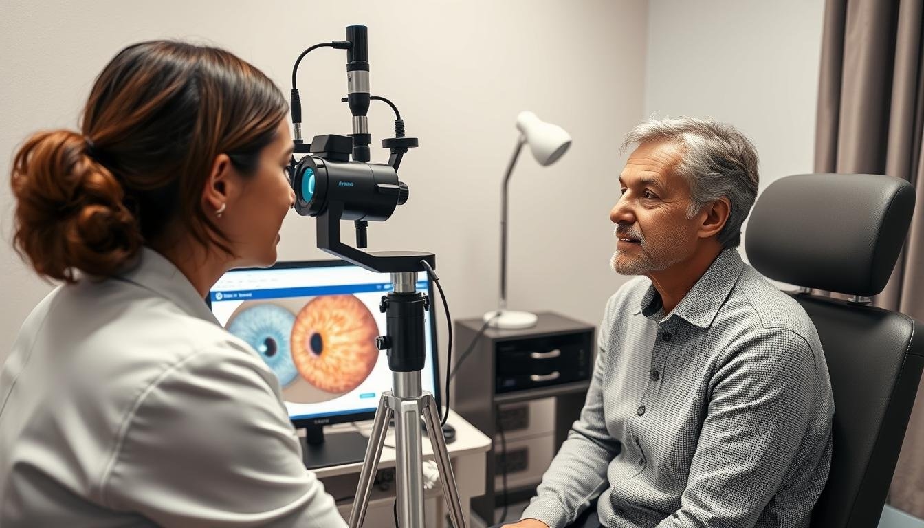 Practitioner using MAIKONG iridology camera with a client
