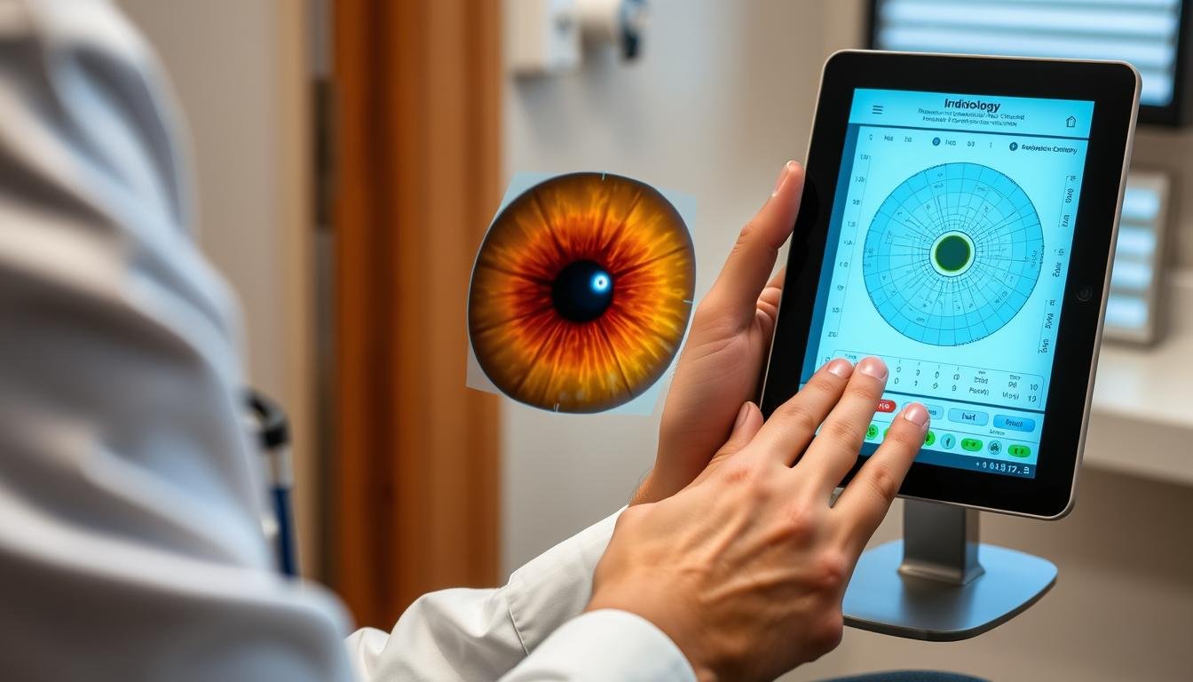 Practitioner using digital iridology software on tablet