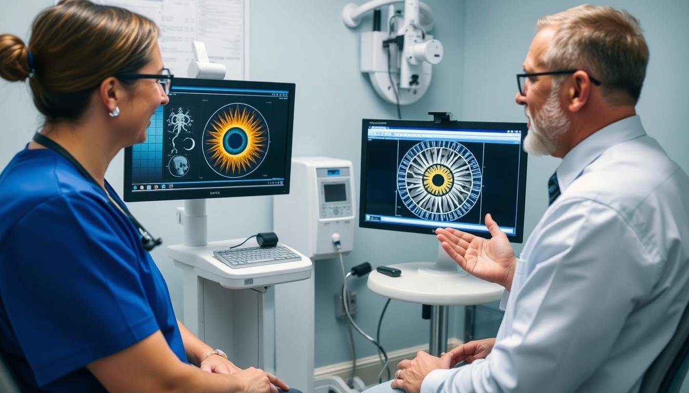 پزشک با استفاده از نرم افزار Iridology با مشتری Practitioner using iridology software with a client