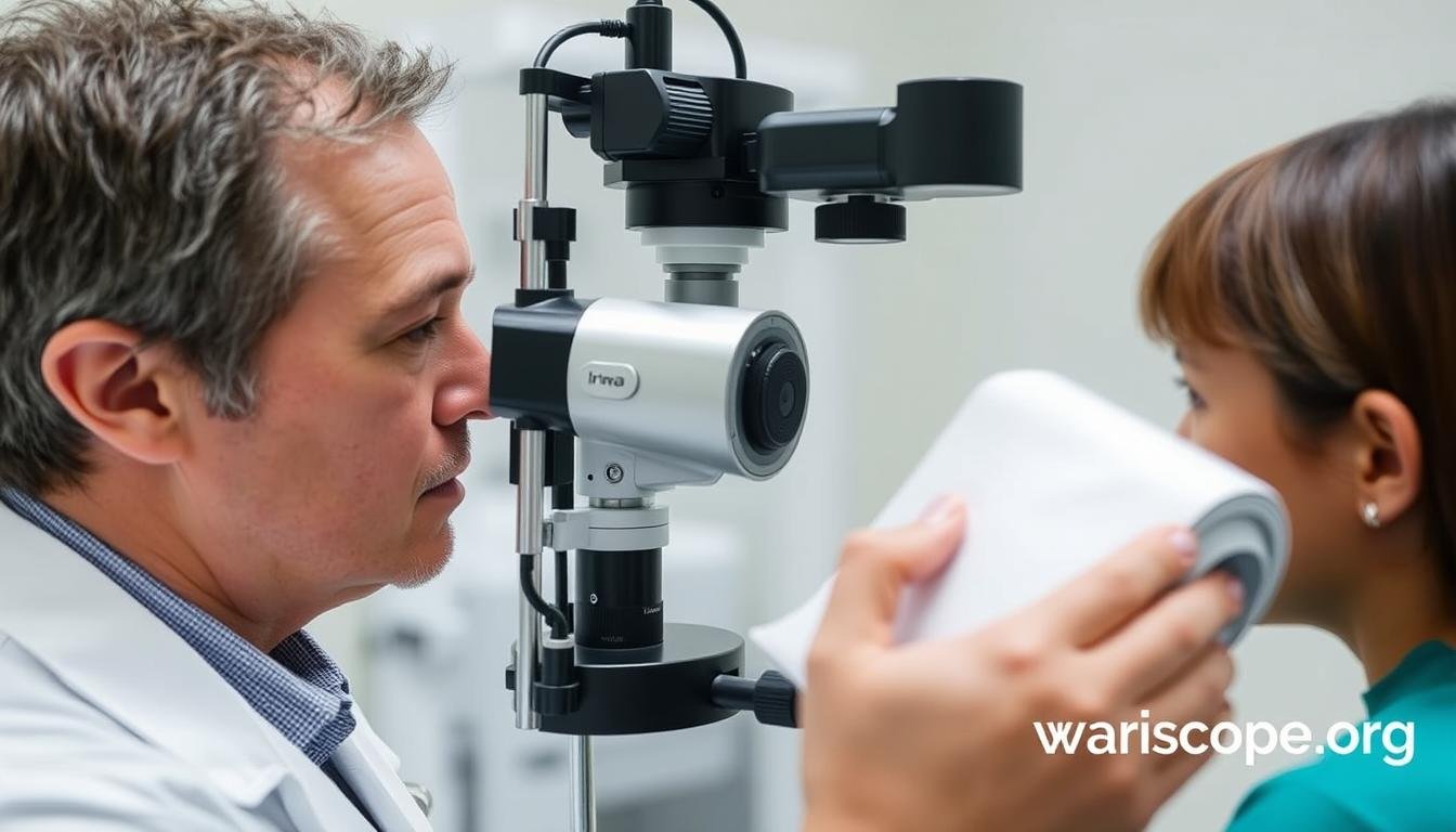 Practitioner using modern iridology camera to capture detailed iris images for health analysis Practitioner using modern iridology camera to capture detailed iris images for health analysis
