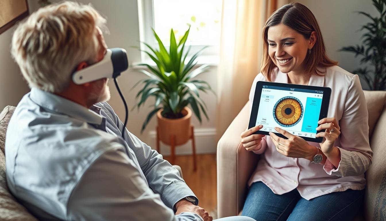 Practitioner using portable iridology device with client in consultation Practitioner using portable iridology device with client in consultation