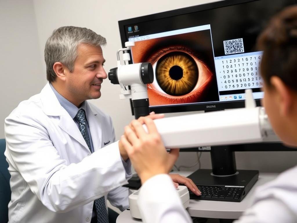 Practitioner using professional equipment for iridology chart analysis