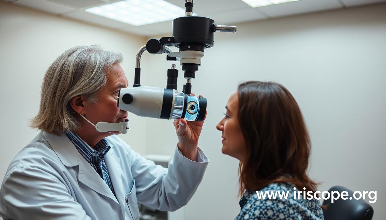 Professional Iridologist examining a patient's iris with specialized equipment