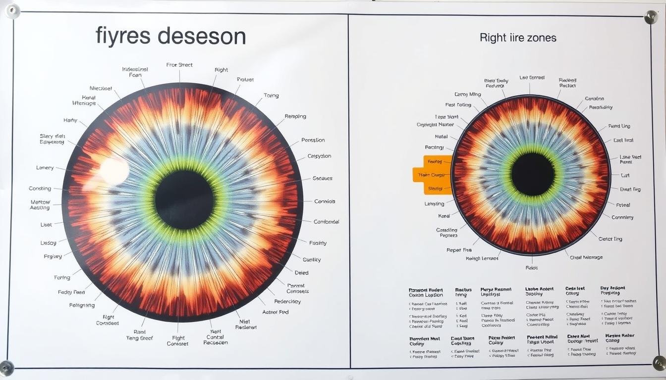 Professional Iridology Chart showing detailed iris mapping with labeled zones