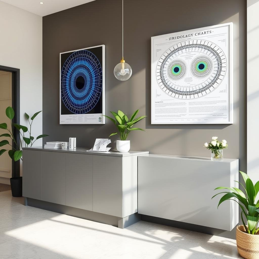 Professional clinic with prominently displayed iridology charts