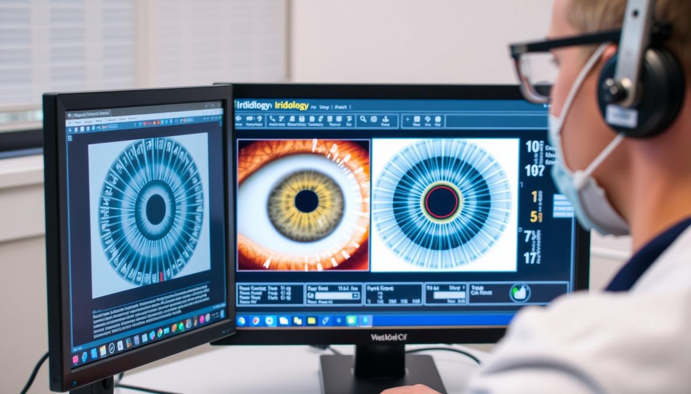 Professional iridologist analyzing iris patterns with specialized software