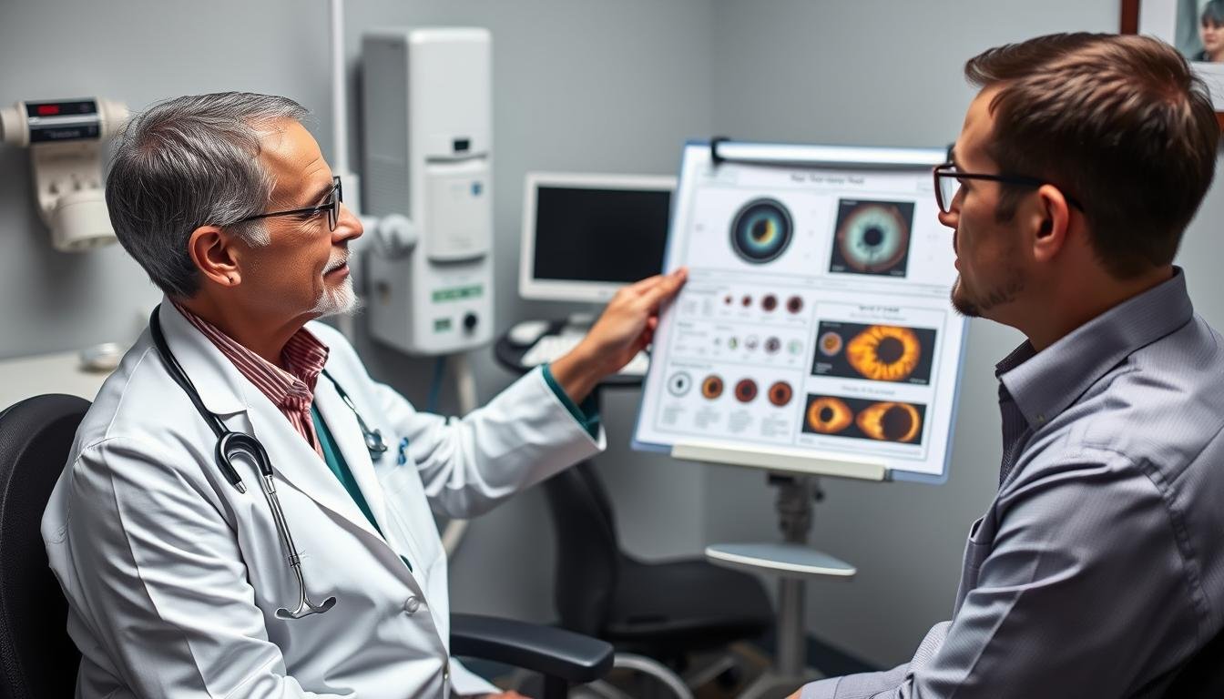 Professional iridologist consulting with a client about their iris analysis results