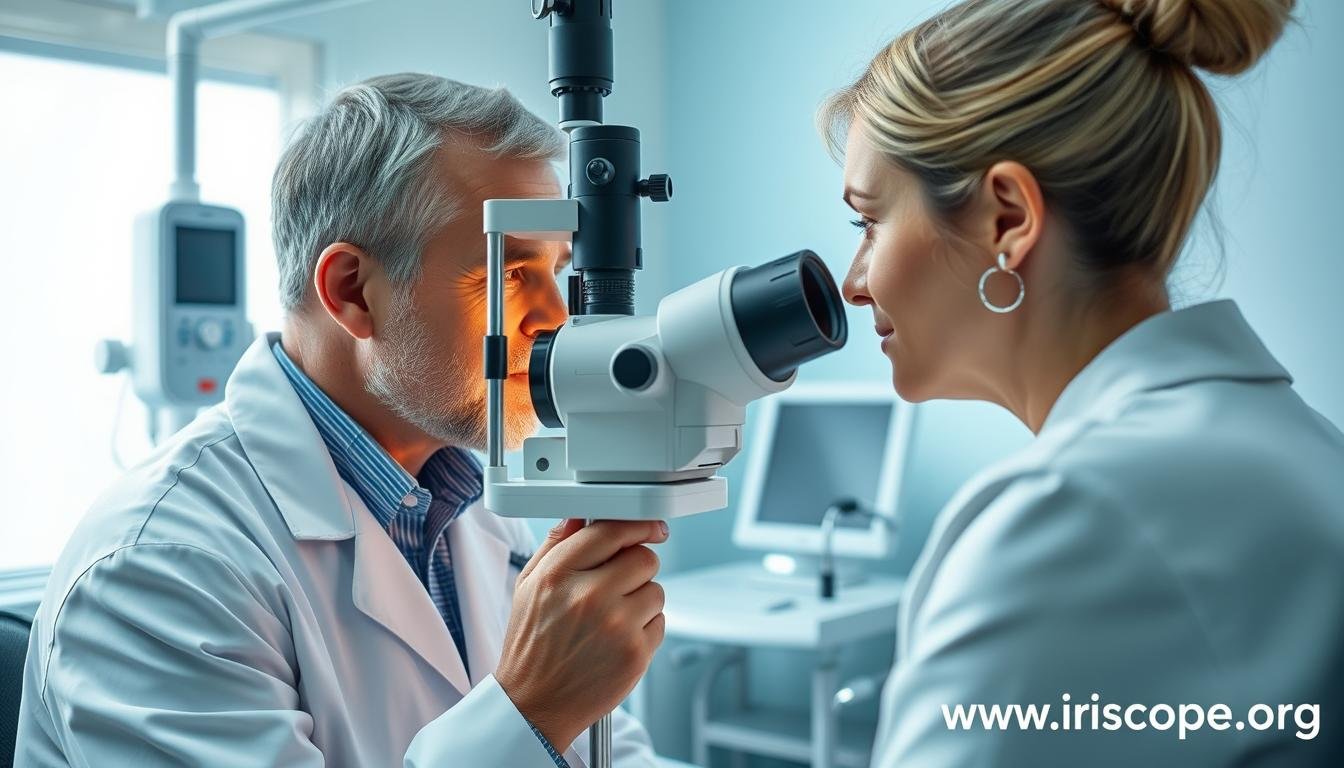 Professional iridologist examining a patient's iris with specialized equipment