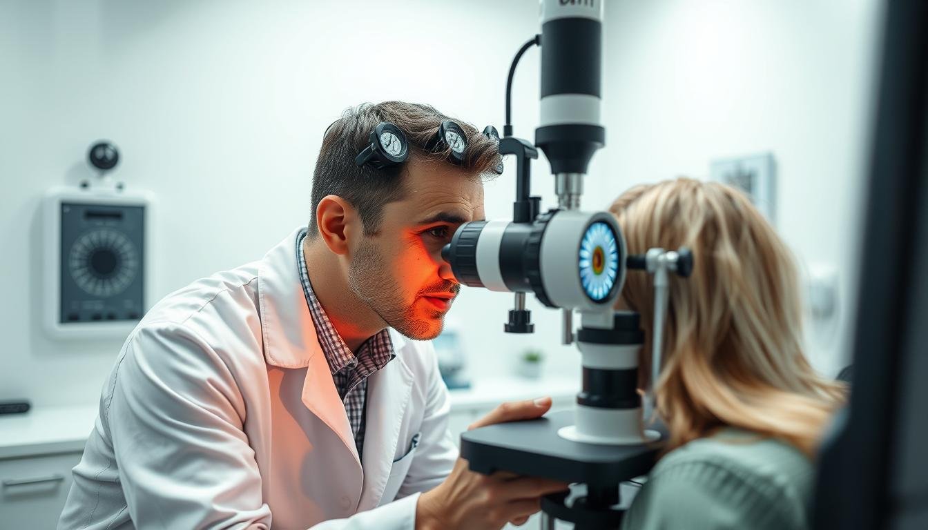 How Professionals Perform an Iridology Iris Diagnosis Exam 1 Professional iridologist examining a patient's iris with specialized equipment