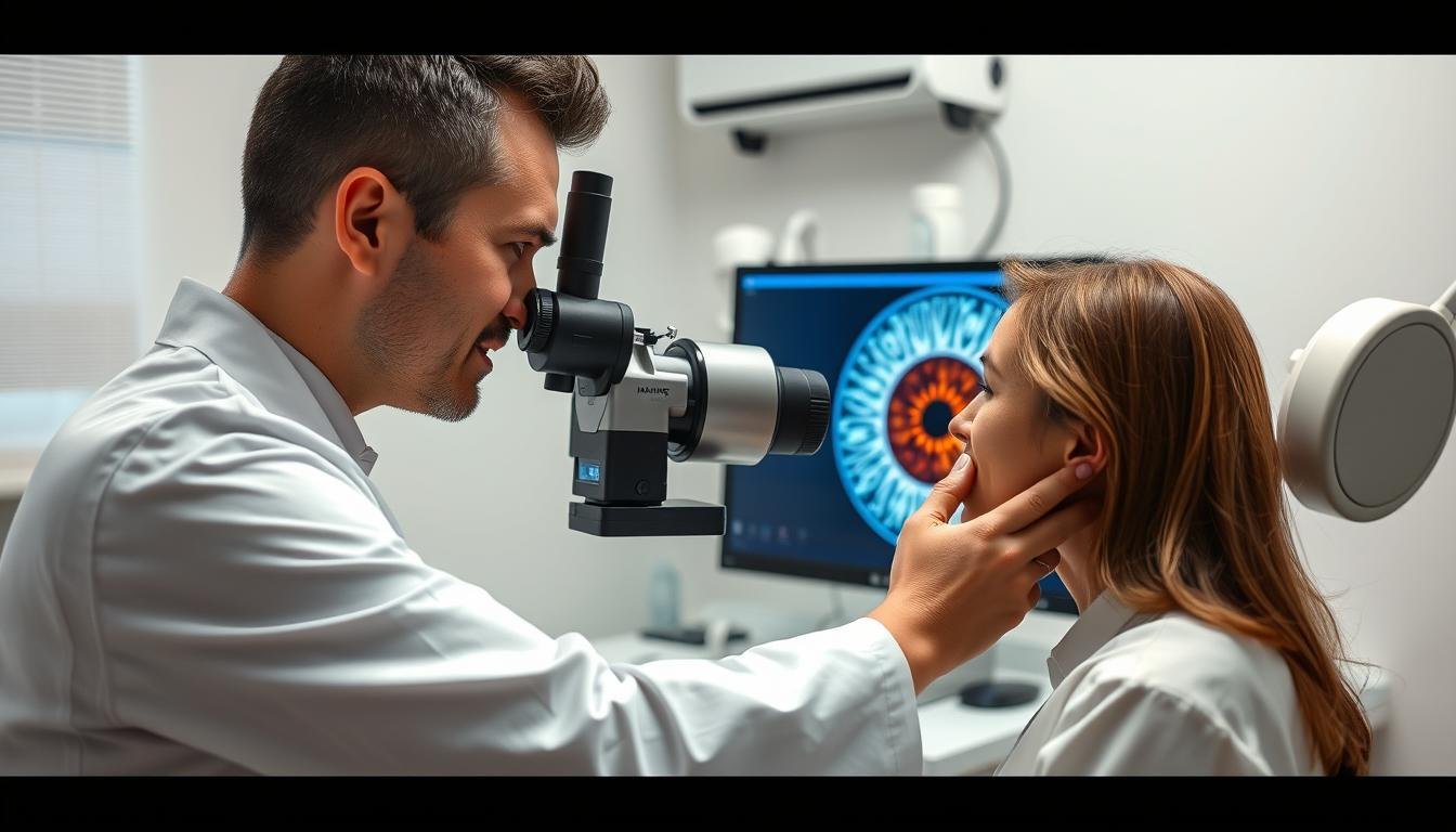 Why Every Iridologist Needs a High-Quality Iridology Camera 1 Professional iridologist using a high-quality iridology camera to examine a patient's iris