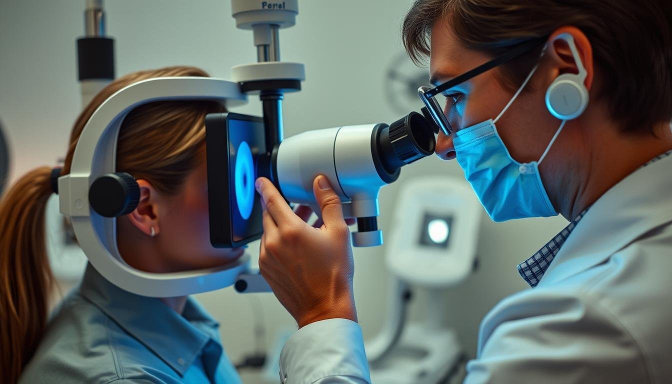 Professional iridologist using an iriscopio camera to examine a patient's iris Professional iridologist using an iriscopio camera to examine a patient's iris