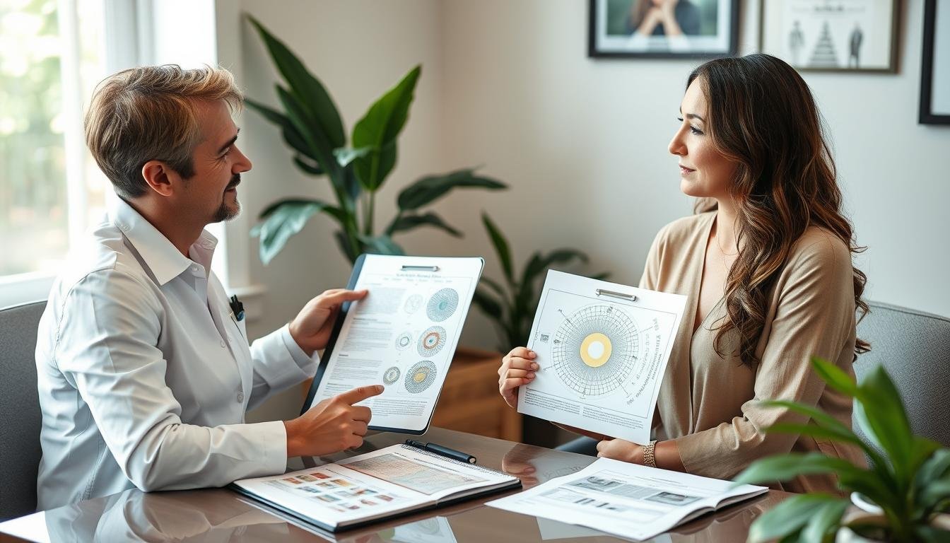 Professional iridologist using customized charts during client consultation
