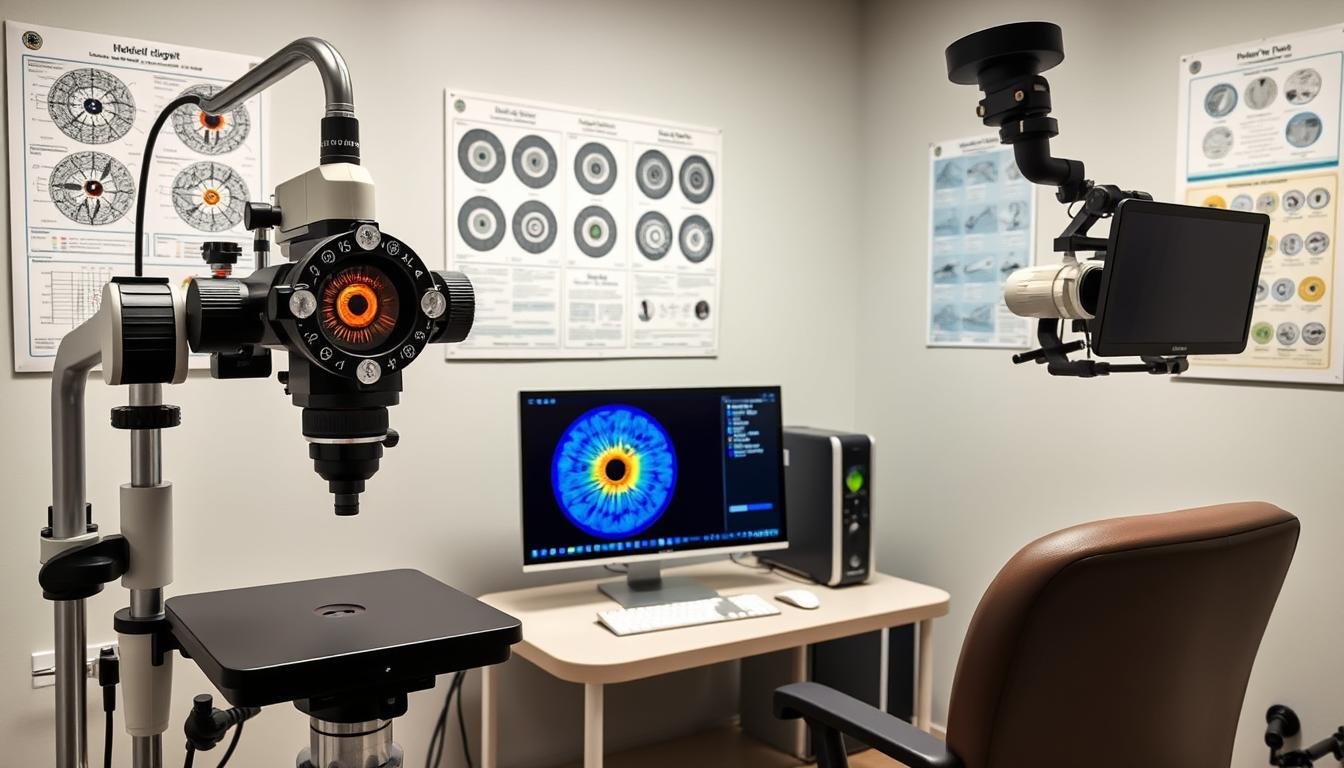 Professional iridology equipment and charts in a clinical setting