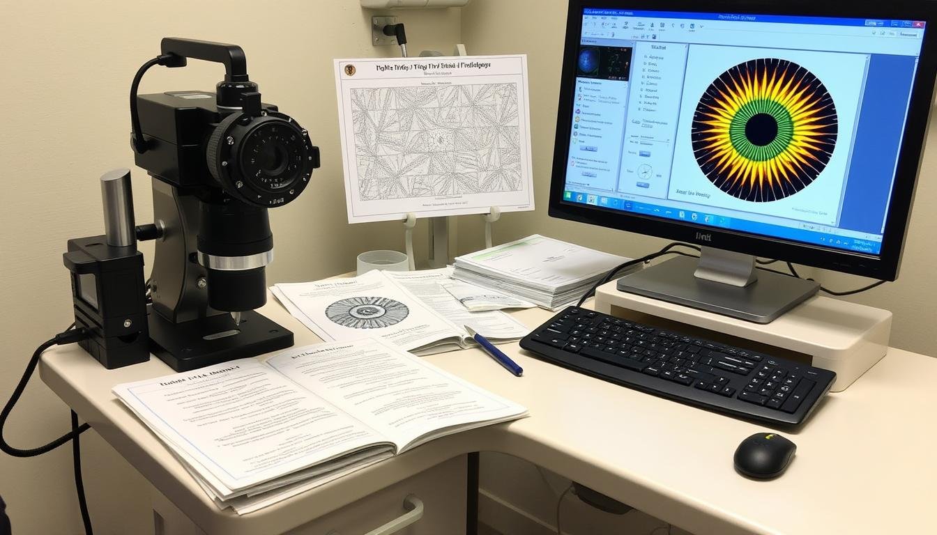 Professional iridology equipment including camera, charts, and software