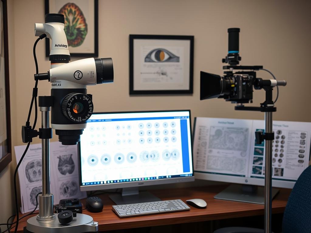 Professional iridology equipment including charts, camera, and software