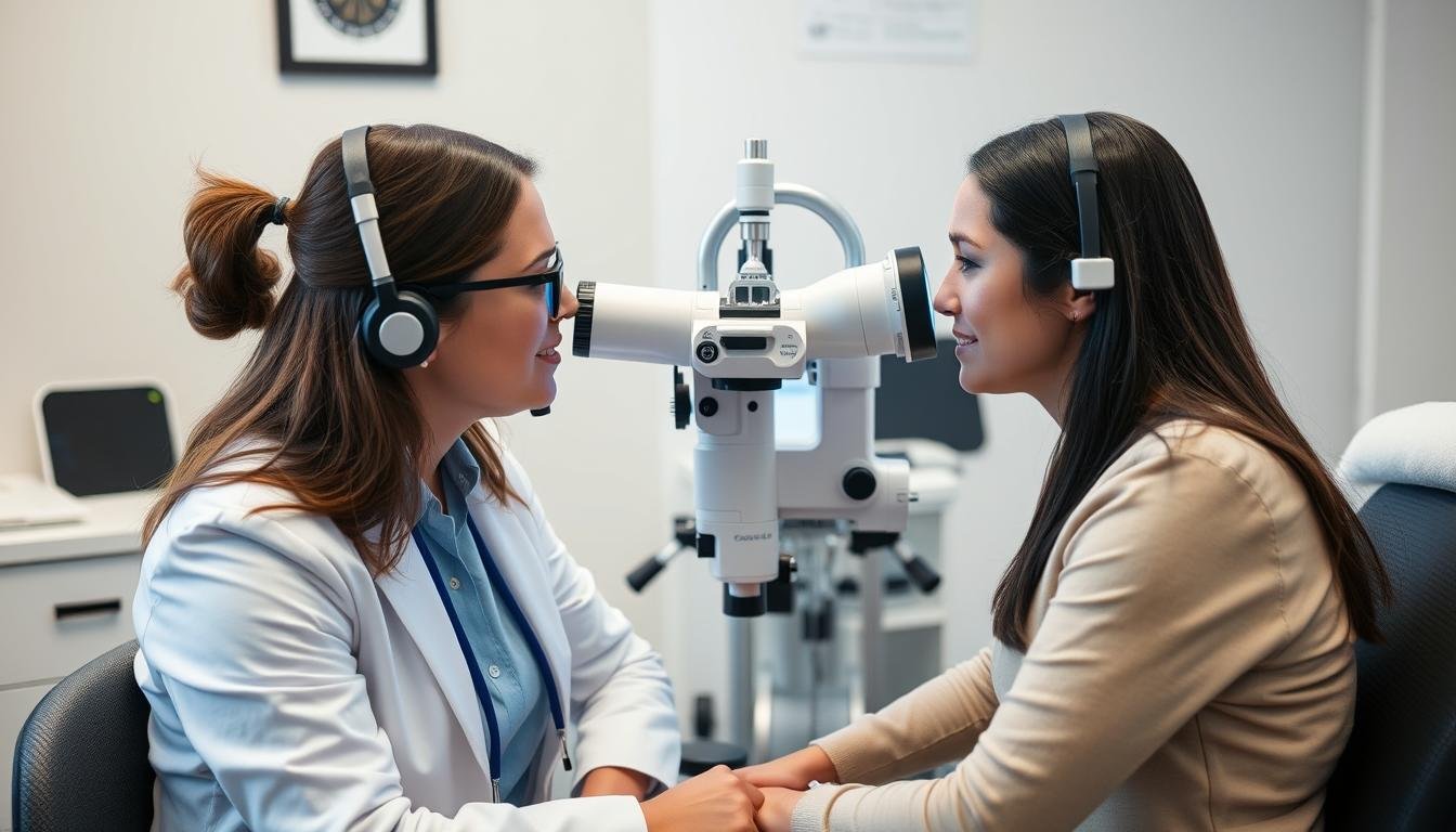 Professional iridology practice with modern equipment and client consultation Professional iridology practice with modern equipment and client consultation