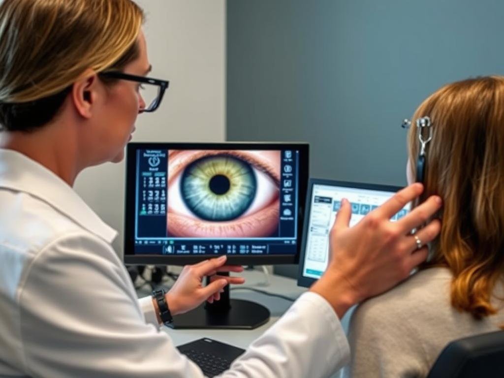 Professional practitioner using digital Iridology Chart software for client assessment