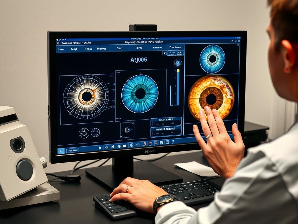 Professional using software included with a portable iridology device Professional using software included with a portable iridology device