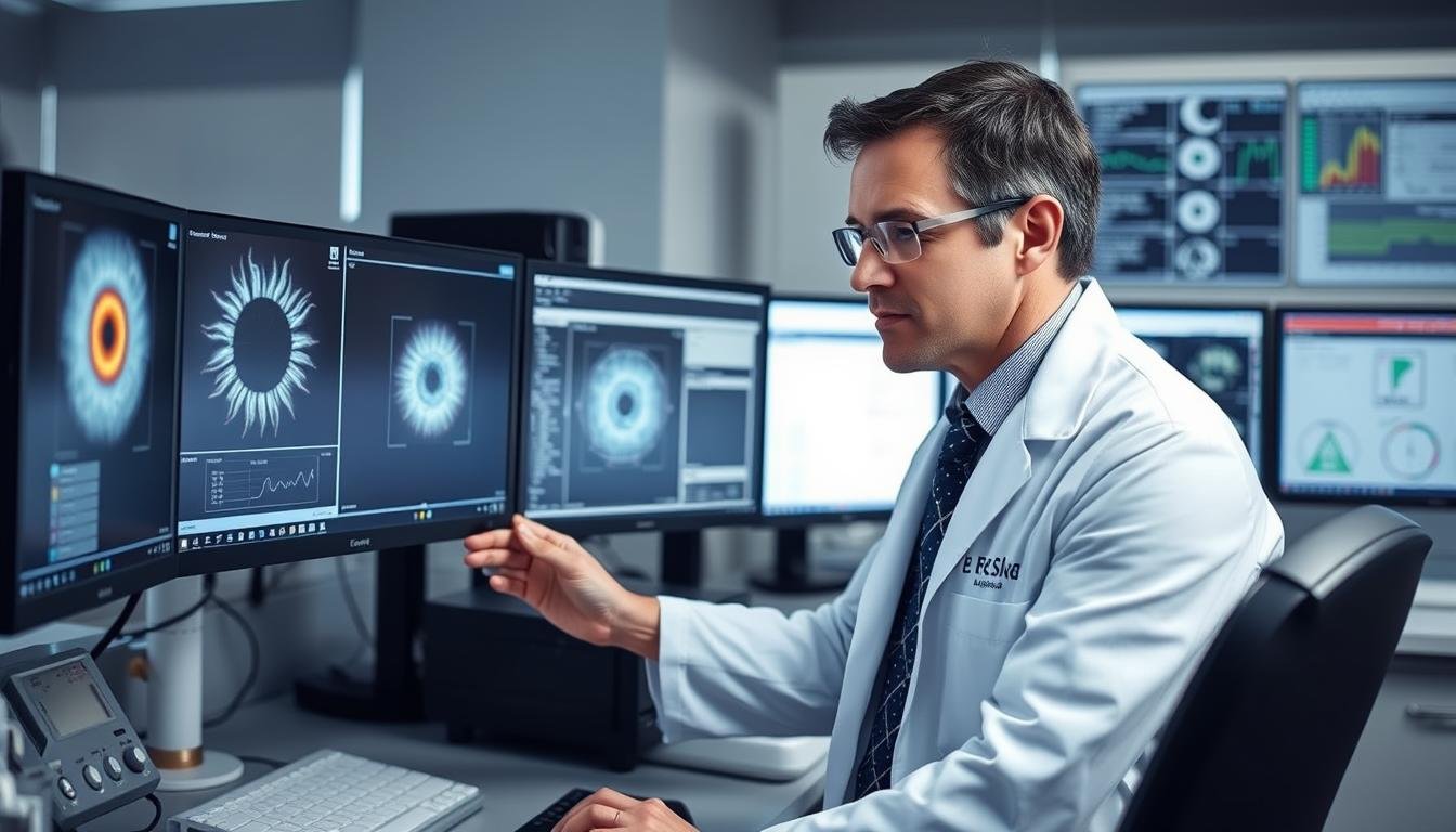 Researcher examining iridology findings in a laboratory setting Researcher examining iridology findings in a laboratory setting