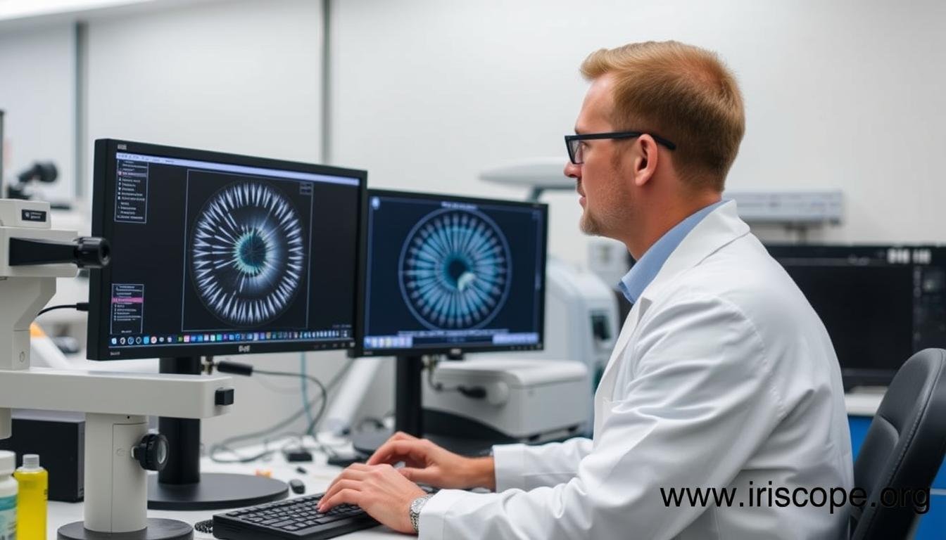 Researcher studying iris patterns using Bernard Jensen's methodology Researcher studying iris patterns using Bernard Jensen's methodology