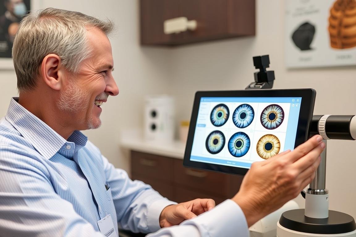 Satisfied client discussing iridology results with practitioner Satisfied client discussing iridology results with practitioner