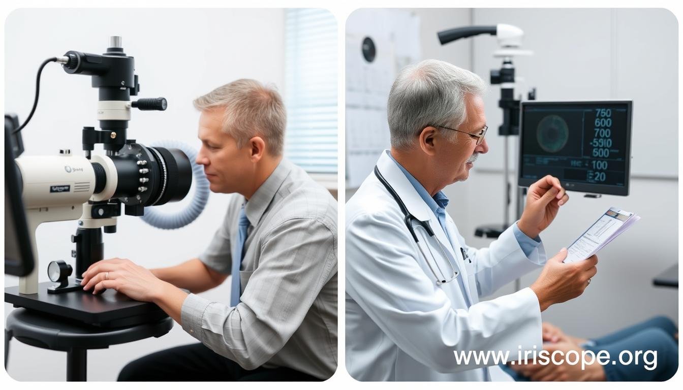 Side-by-side comparison of iridology reading and medical diagnostic processes
