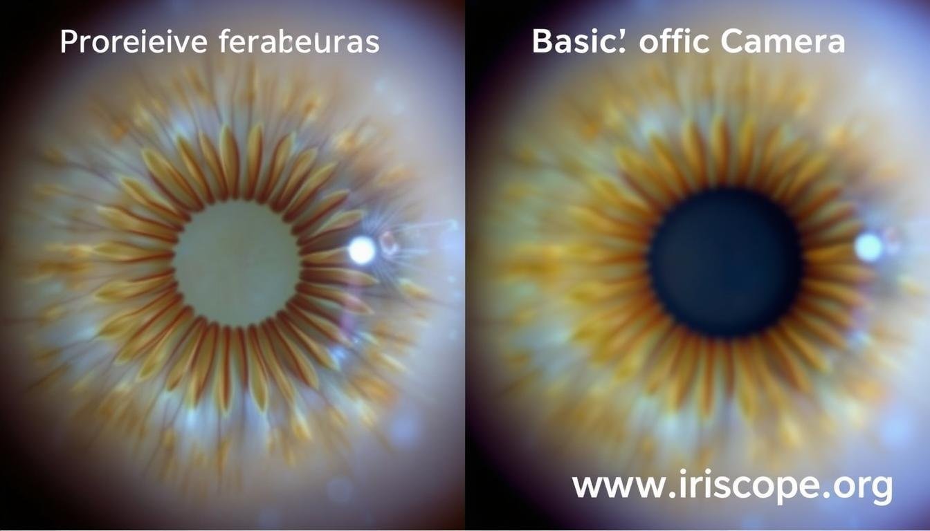 Side-by-side comparison of iris images from professional vs. basic iridology cameras