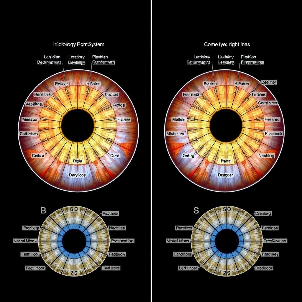 Side-by-side comparison of right and left iris with Iridology Chart mapping