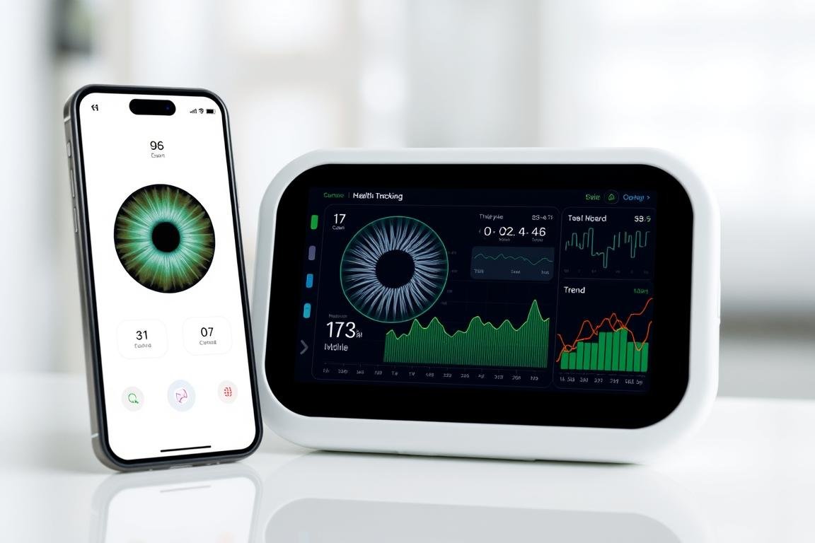 Smart device with iridology monitoring app connected to health tracking system