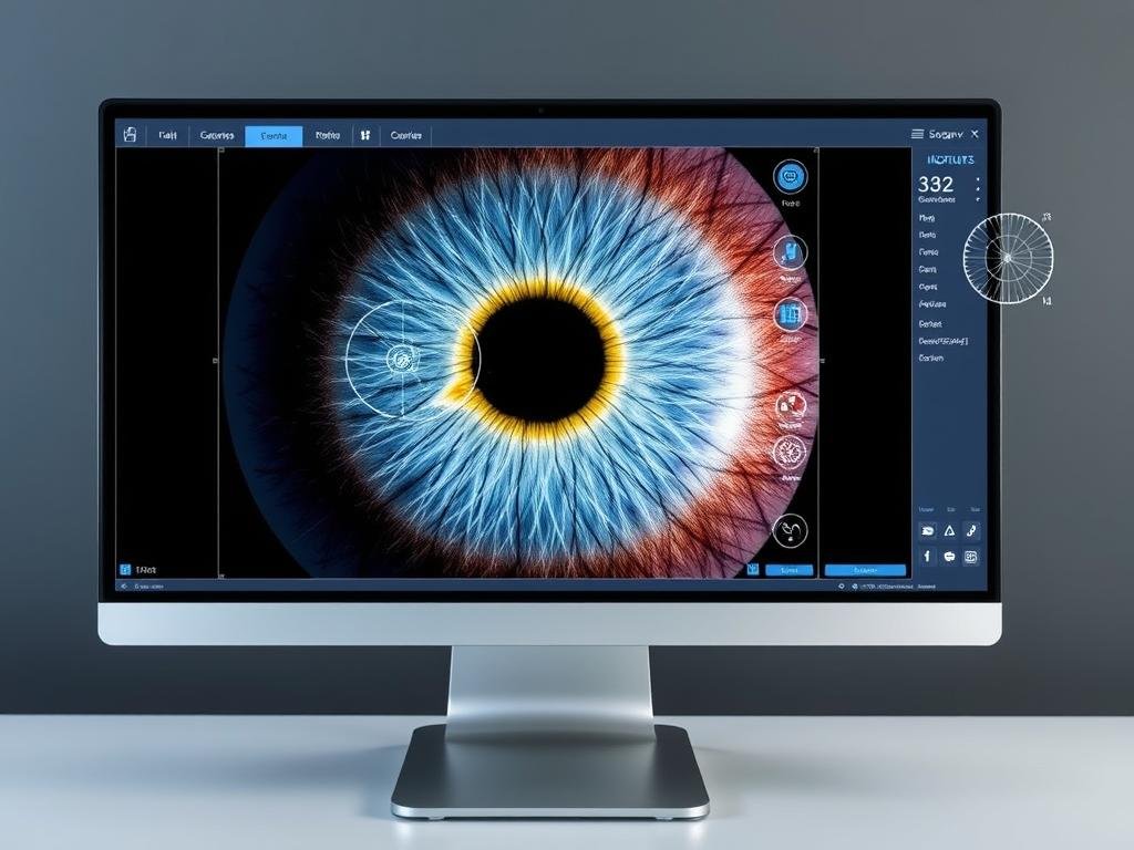 Software interface of a portable iridology device showing analysis features Software interface of a portable iridology device showing analysis features