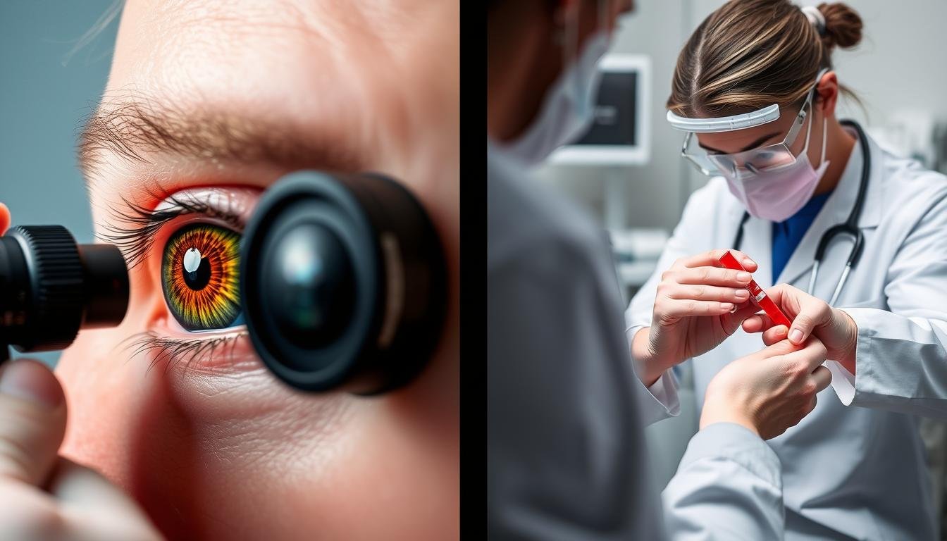 Split image showing iridology examination and blood sample collection for laboratory testing Split image showing iridology examination and blood sample collection for laboratory testing
