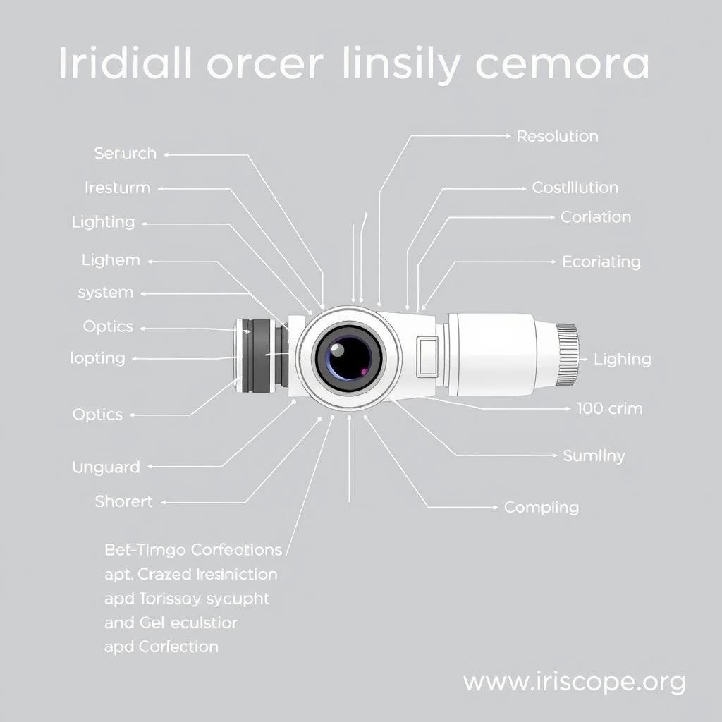 Technical specifications of an iridology camera displayed