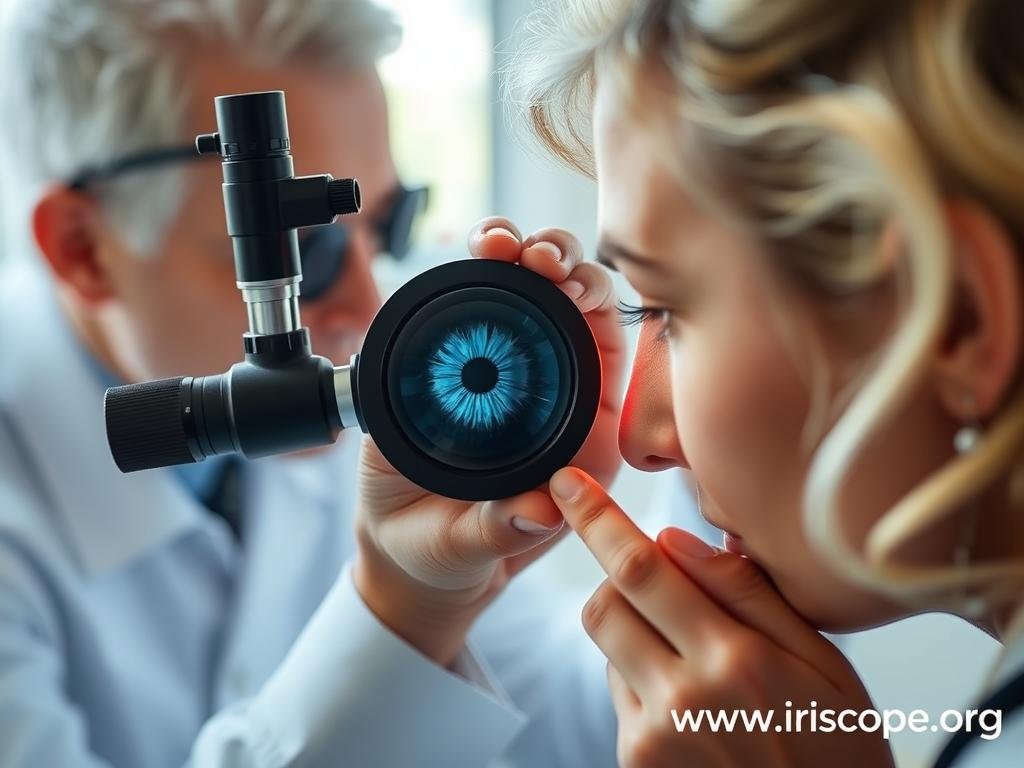 Traditional iridologist examining a client's iris using a magnifying glass and natural light Traditional iridologist examining a client's iris using a magnifying glass and natural light