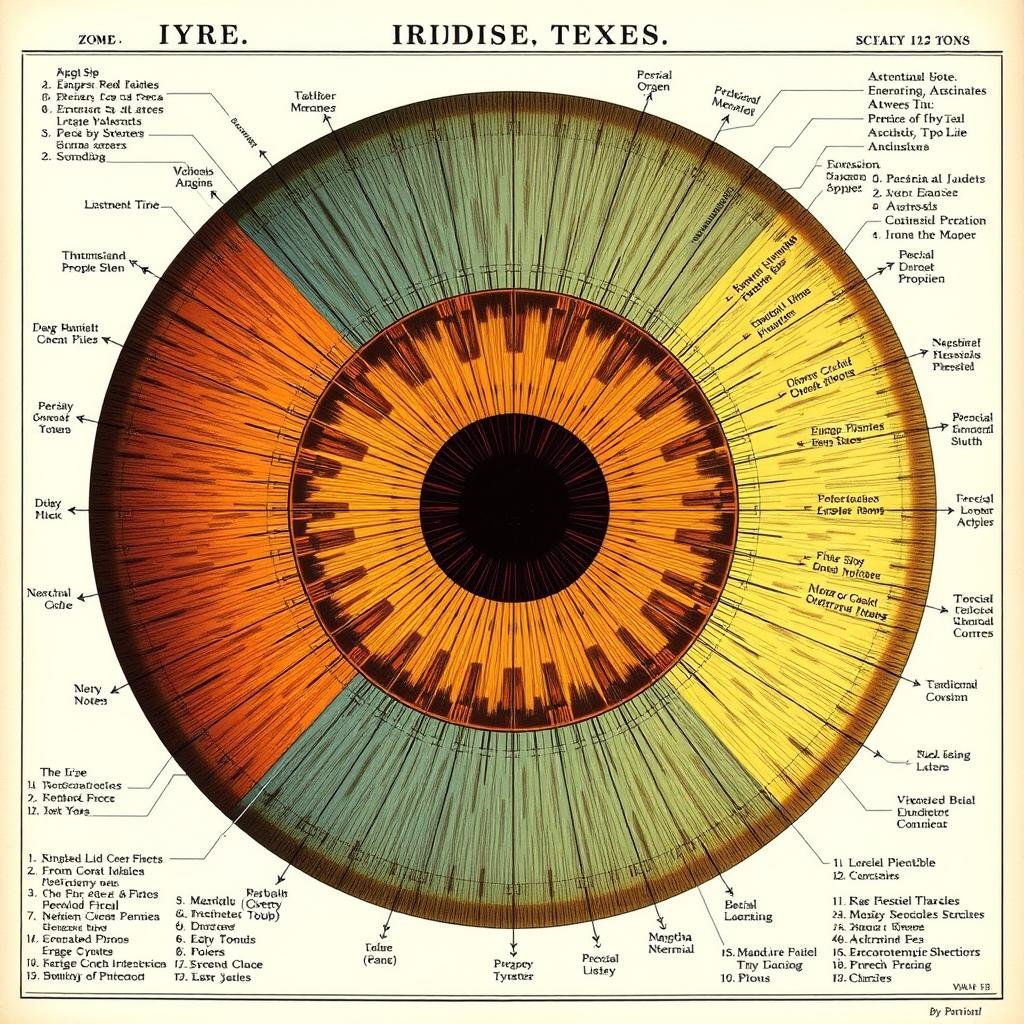 Traditional iridology chart showing iris zones and corresponding body systems Traditional iridology chart showing iris zones and corresponding body systems