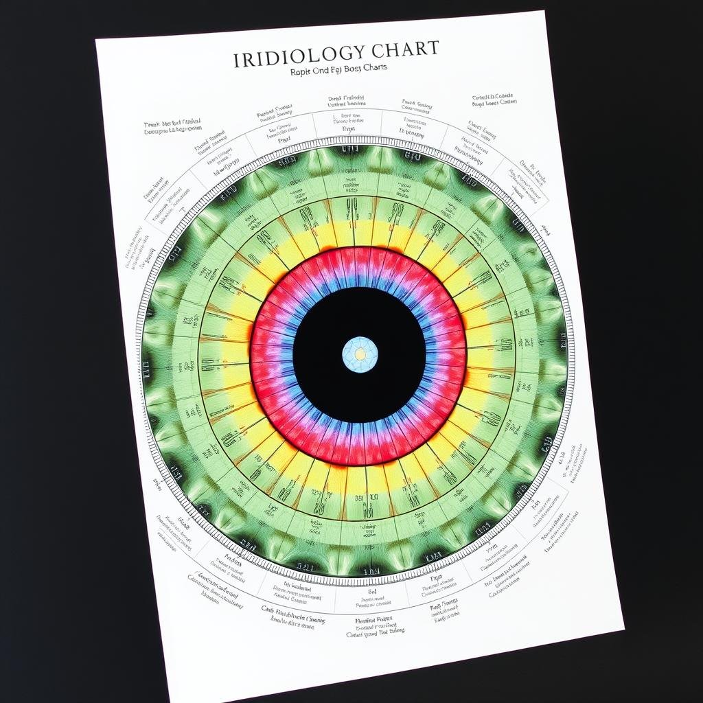 Traditional printed iridology chart showing iris zones and body system correlations