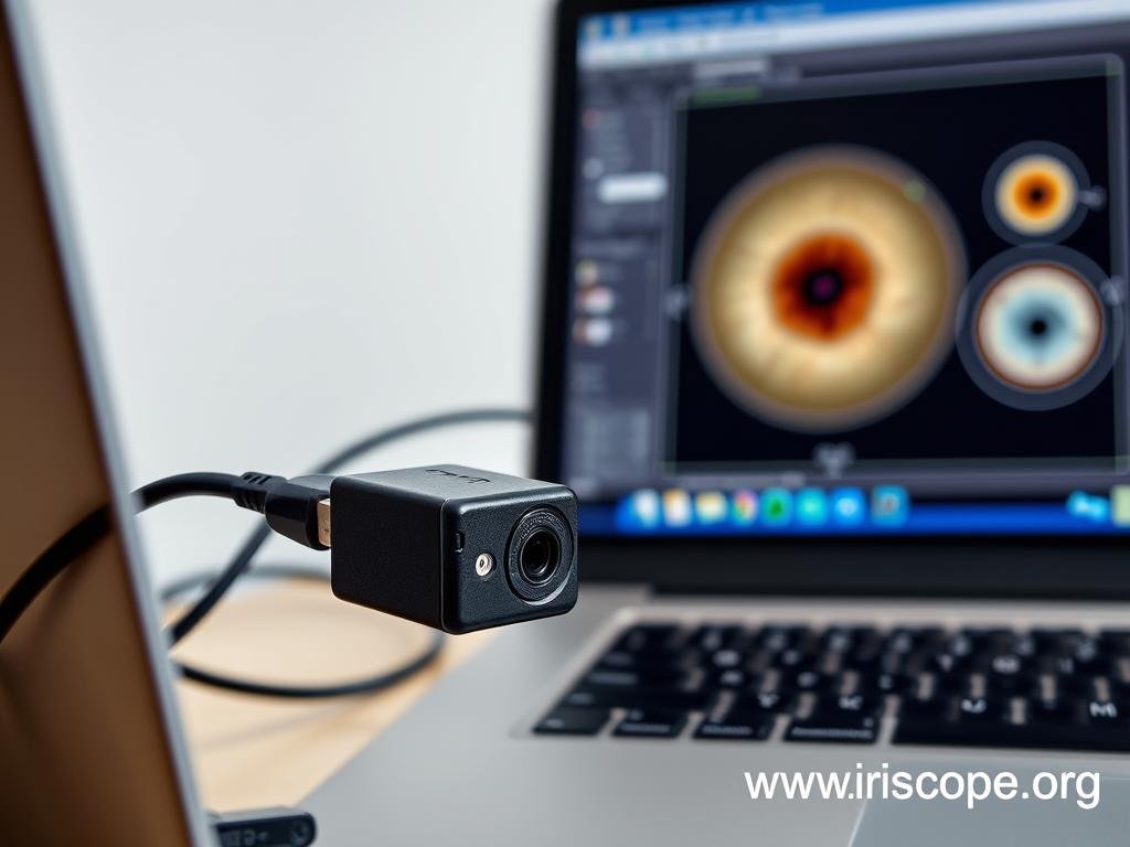 USB iridology camera being connected to laptop with analysis software