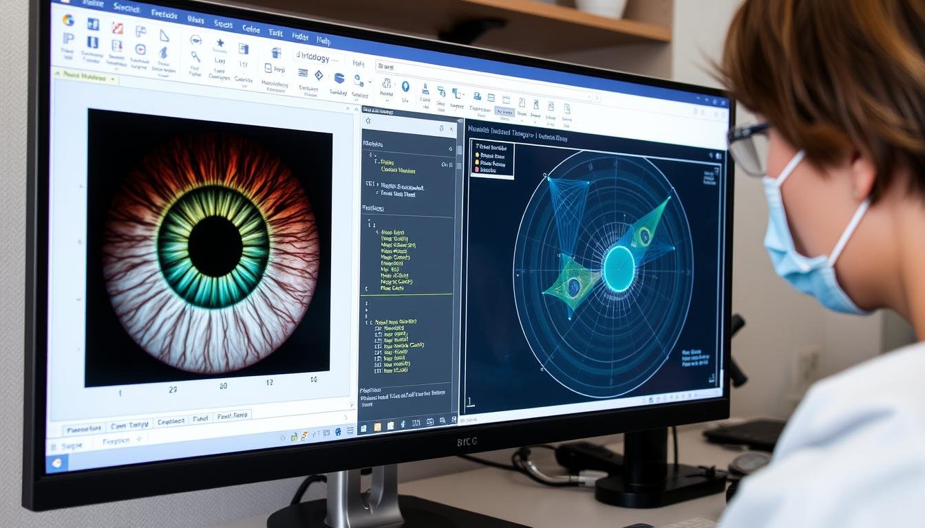 Advanced iridology software analyzing iris patterns with detailed mapping