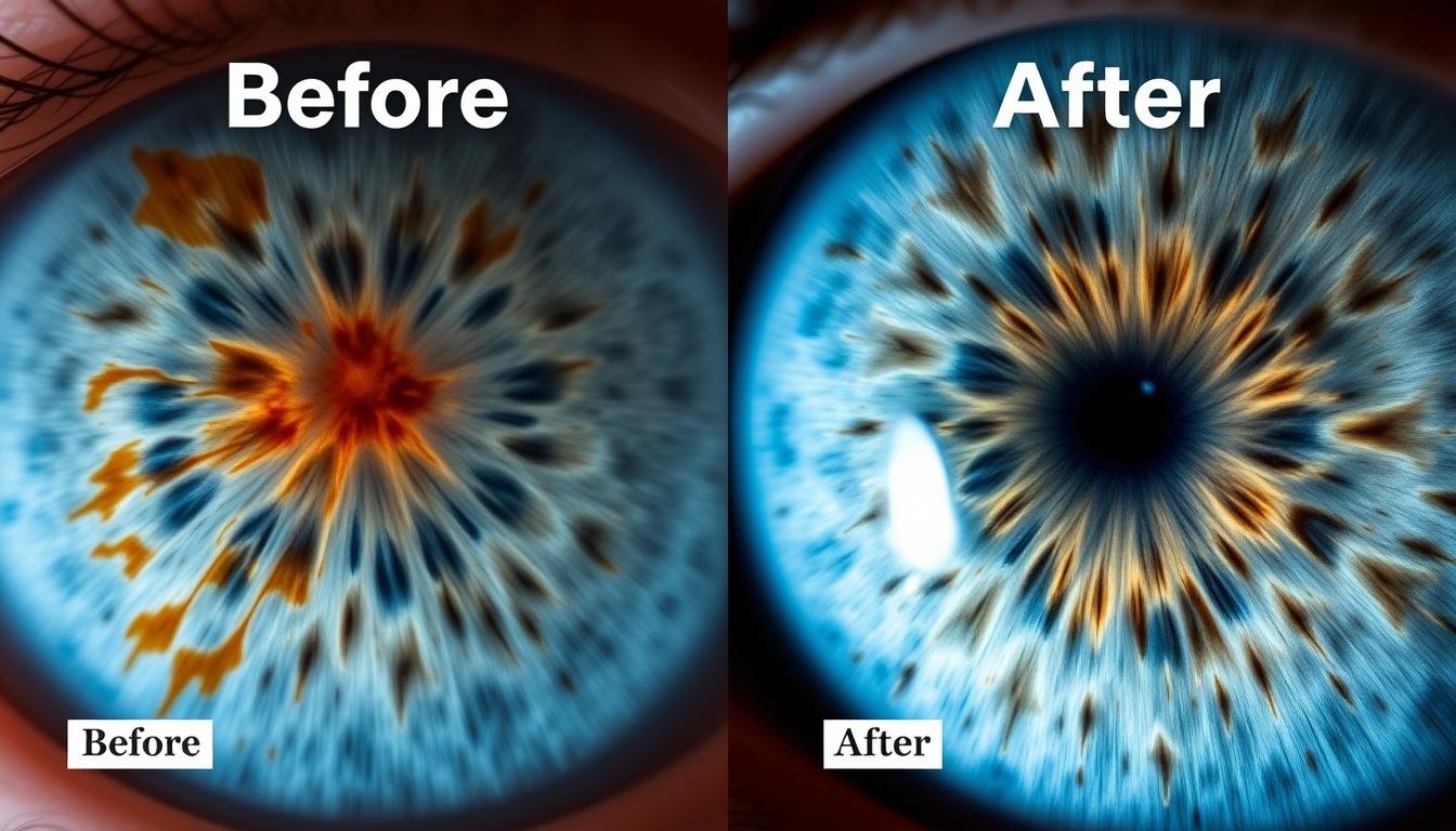 Before and after iris images showing changes following health interventions