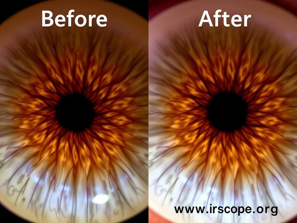 Before and after iris images showing changes in nerve rings
