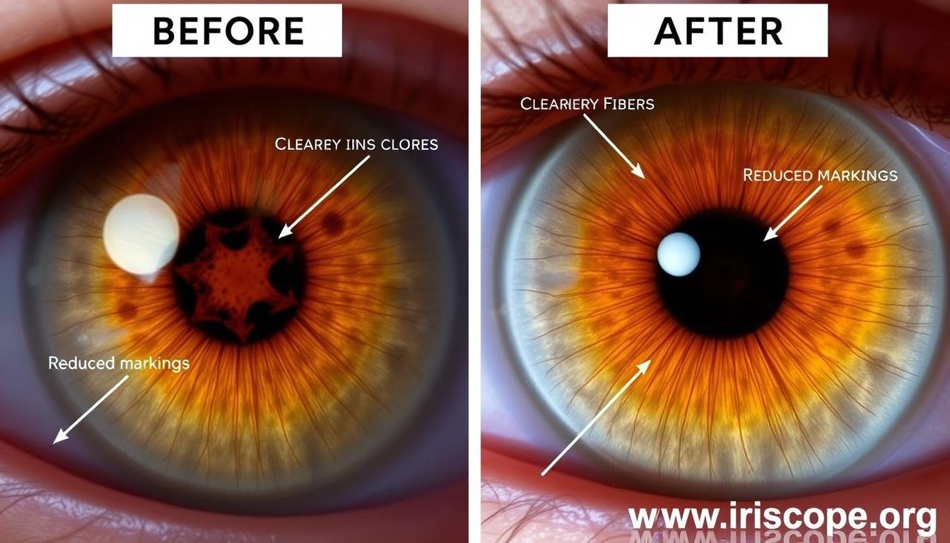 Before and after iris images showing detoxification progress