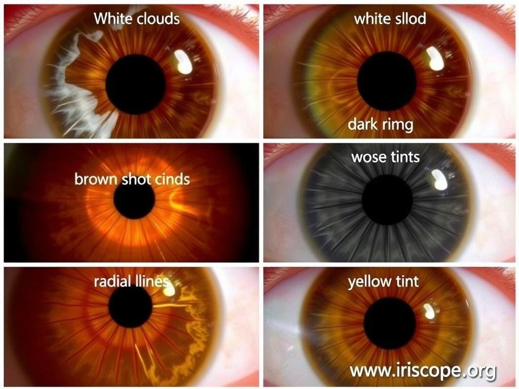 Close-up images of different iris signs indicating detoxification needs