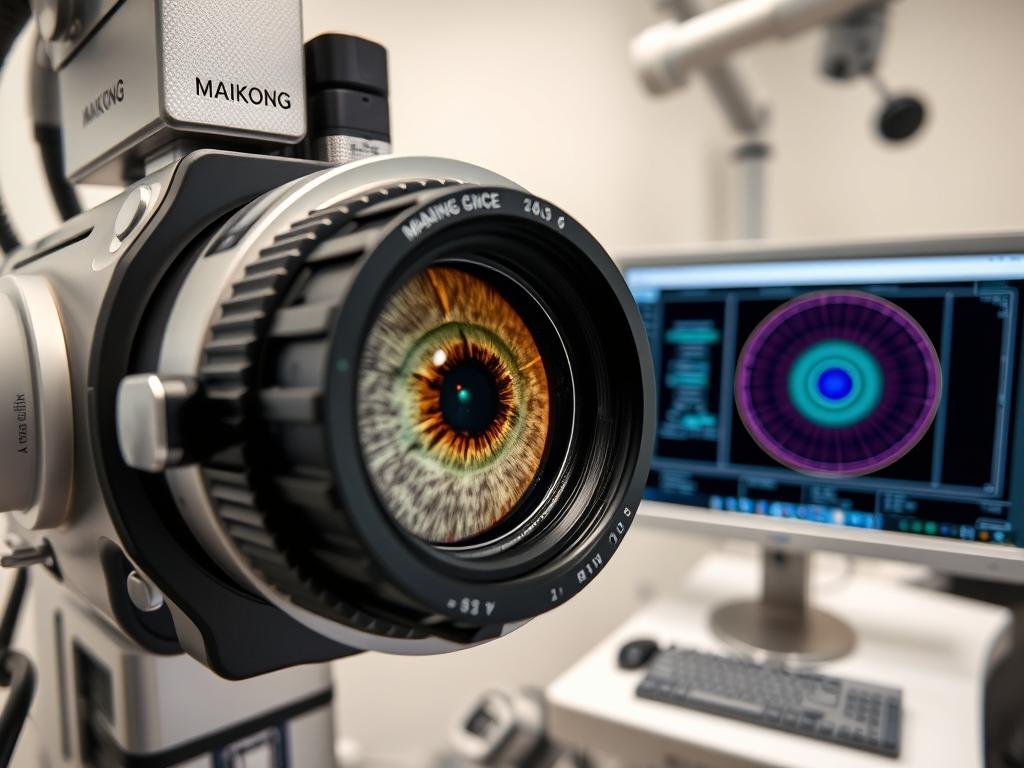 Close-up of MAIKONG iridology camera capturing detailed iris image with analysis software visible on screen
