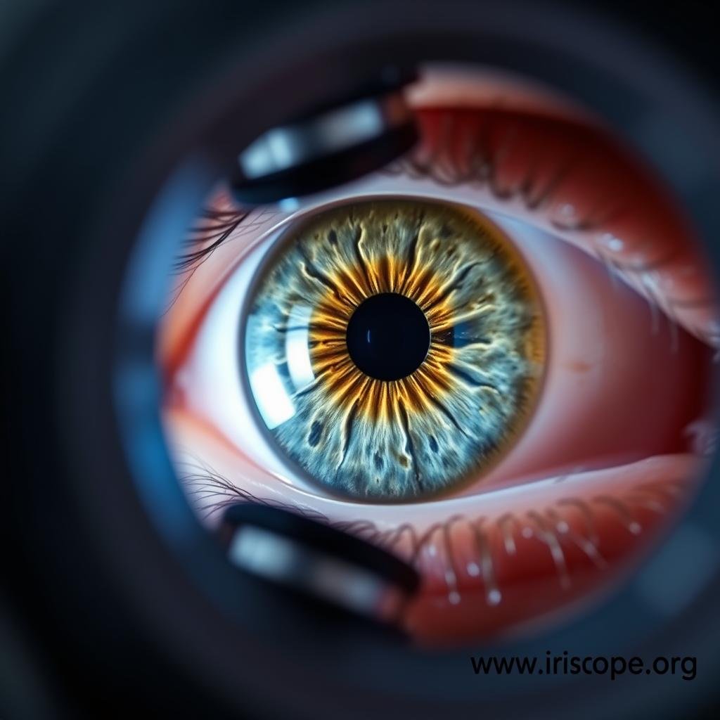 Close-up of an iris being photographed with an Iridology Camera