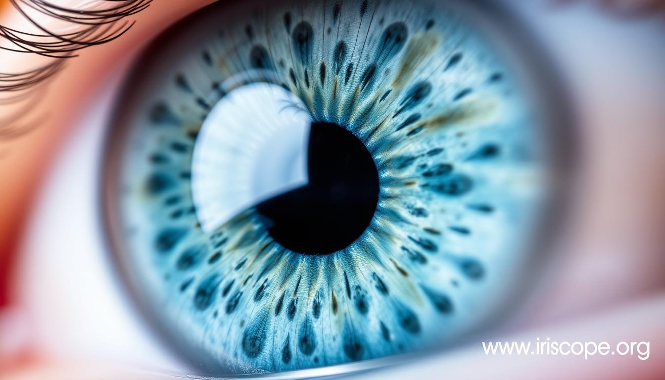 Close-up of human iris showing iridology markings with detoxification indicators