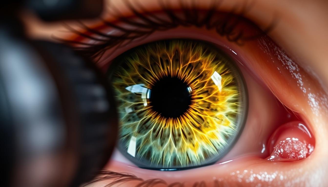 Close-up of iris examination using MAIKONG iridology camera showing detailed iris structures for holistic health analysis